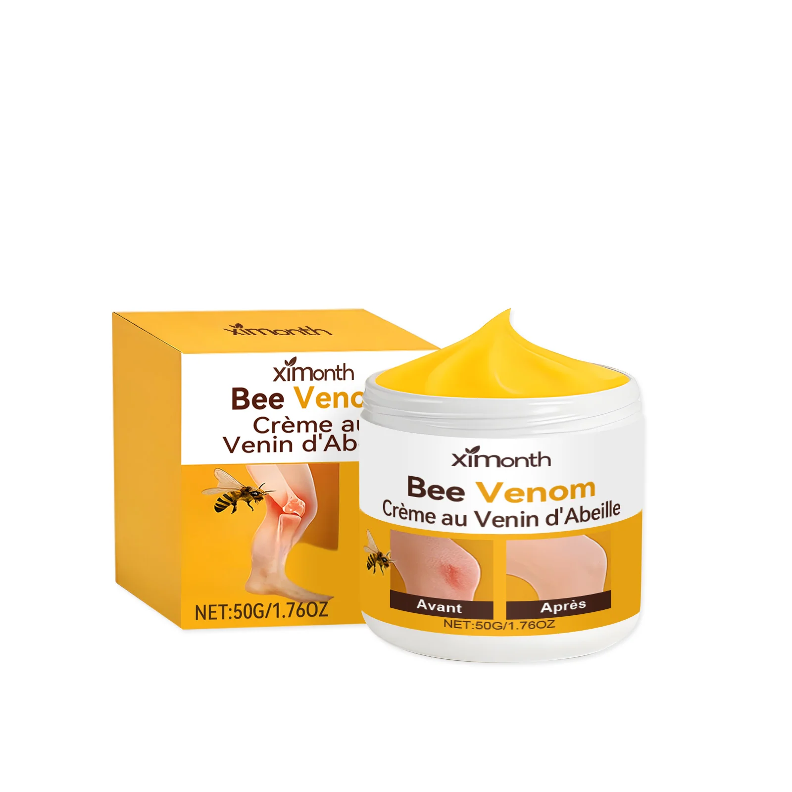 Ximonth Bee Venom Joint Care Cream on a bathroom counter